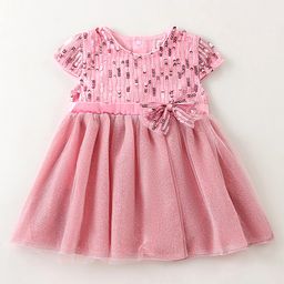 Mark & Mia WovenHalf Sleeves Knee Length Party Wear Frock Style Onesie with Sequinned Detailing & Bow Applique - Pink-image-49