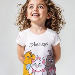Babyhug Disney Cotton Knit Half Sleeves Top with Marie Graphics- White-picture-2