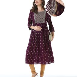 Bella Mama Woven Three Fourth Sleeves  Ethnic Maternity Kurti with Floral  Embroidered Yoke  & Pockets - Wine-image-50