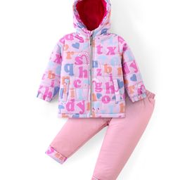 Babyhug Full Sleeves Front Zipper Hooded Winter Wear Suit With Alphabets Print - Pink-image-17