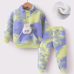 Kookie Kids Full Sleeves Fur Winter Wear T-Shirt & Lounge Pant Set With Tie & Dye Print & Bunny Applique - Yellow-image-104