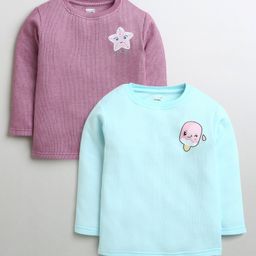 BUMZEE Pack Of 2 Full Sleeves Star & Ice Cream Printed & Striped Thermal Tees - Sky Blue & Mauve-image-12