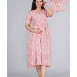 Kaheksa Cotton Half Sleeves Floral Printed Maternity Dress With Concealed Zipper Nursing Access - Pink-image-56