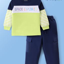 Babyoye 100% Cotton Knit Full Sleeves T-Shirt & Lounge Pants With Stripes & Text Print - Light Green & Navy-picture-0