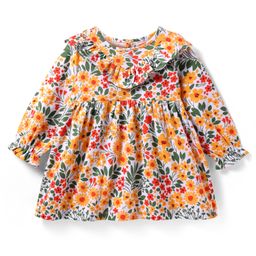 Babyhug Cotton Knit Full Sleeves Frock with Frill Detailaing & Floral Print - Yellow Green & Orange-image-47