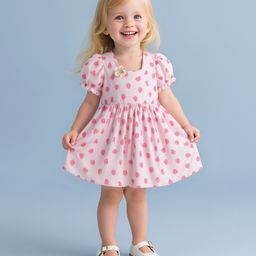 Mark & Mia Half Puffed Sleeves Frock with Strawberry Print & Floral Applique - Pink-image-83