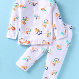 Doreme Single Jersey Knit Full Sleeves Animal Printed Night Suit - White-picture-24