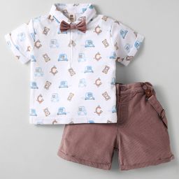 ToffyHouse Poplin Woven Half Sleeves Shirt & Shorts with Suspender & Bow with Vehicle Print - Brown & White-image-91