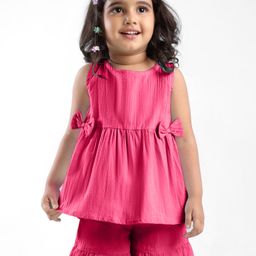 Babyhug Cotton Woven Sleeveless Top & Shorts Set with Bow Applique - Dark Pink-image-21