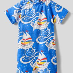 Babyhug Water Repellant Half Sleeves Legged Swimsuit With Boat Print - Blue-image-94