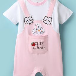 Mark & Mia Cotton Knit Half Sleeves Romper with Rabbit Patch - Pink & White-image-87
