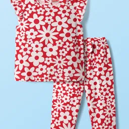 Babyhug Cotton Knit Frill Sleeves Co-ords Night Suit With Floral Print - Red-picture-8