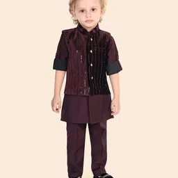 little desi Velvet Full Sleeves Solid Kurta & Pyjama With Textured Foil Printed Jacket - Wine-picture-7