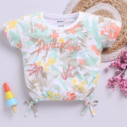 Biskid Cotton Half Sleeves Floral Printed & Paradise Text Embroidered Top - Green-image-53