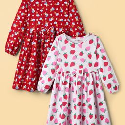 Honeyhap Premium 100% Cotton with Bio Finish Full Sleeves Frocks with Floral Print & Bow Applique Pack Of 2- High Risk Red & Bright White-image-26