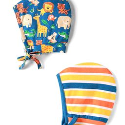 Babyhug 100% Cotton Knit Caps with Animal Print & Stripes Pack of 2 Blue & Yellow - Diameter 12 cm-picture-23