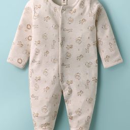 ToffyHouse Interlock Knit Full Sleeves Front Open Footed Sleep Suit with Stripes & Animal Print - Beige-picture-18