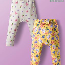Babyoye 100% Cotton Knit With Eco Jiva Finish Full Length Floral & Butterfly Printed Diaper Leggings Pack of 2 - White & Yellow-picture-25