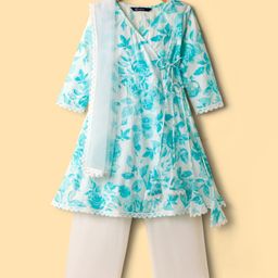Pine Kids Cotton Woven Three Fourth Sleeves Kurta Churidar & Dupatta Set With Floral Print - Light Blue-picture-23