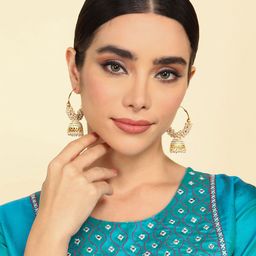 Anouk Gold-Plated Artificial Stones Studded & Beaded Dome Shaped Jhumkas-image-24