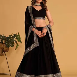 ETHNIC PLUS Embroidered Sequinned Semi-Stitched Lehenga & Unstitched Blouse With Dupatta-image-4