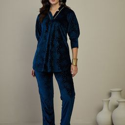 SAHASIKA Floral Self Design V-Neck Three-Quarter Sleeves Velvet Top With Trouser-image-32