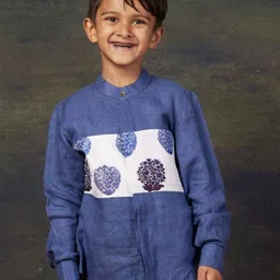 THETAA Boys Relaxed Fit Floral Printed Band Collar Linen Casual Shirt-picture-49