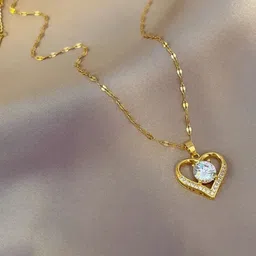 SUYUG Stainless Steel Gold-Plated Cubic Zirconia Heart Shaped Pendants With Chains-image-30