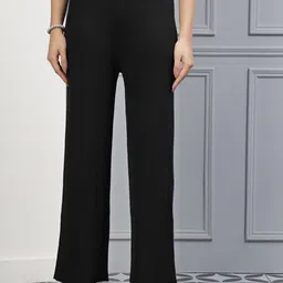 Mafadeny Women Relaxed Straight Leg Striped Self Design Mid-Rise Trousers-image-42