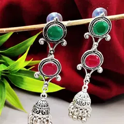 Yash Jewels Emporiums Silver-Plated Artificial Stones Studded Oxidised Dome Shaped Jhumkas-image-69