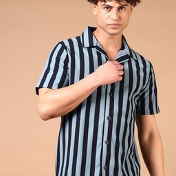 V-Mart Men Cuban Collar Vertical Striped Cotton Casual Shirt-image-34