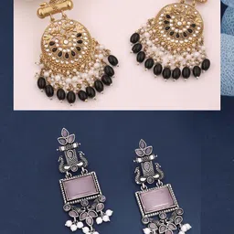 Anouk Set Of 2 Artificial Stones Studded and Beaded Drop Earrings image 5