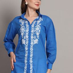 The Chikan Label Floral Embroidered Shirt Collar Pure Cotton A-Line Kurti-image-60