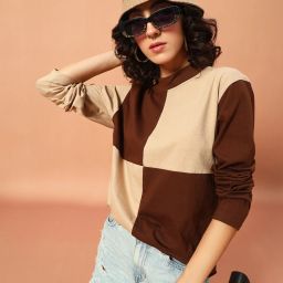 Women Solid Round Neck Pure Cotton Beige, Brown T-Shirt-image-40