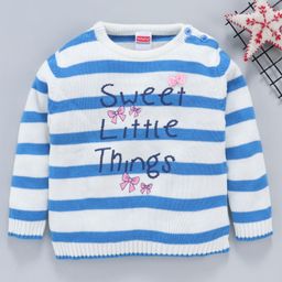 Babyhug Full Sleeves Striped Sweater Sweet Little Things Print - White Blue-image-68