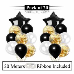 Amfin Foil And Confetti Balloons With Ribbon Black - Pack Of 20-28