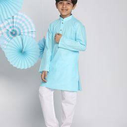 Vastramay Solid Full Sleeves Kurta With Pyjama - Aqua Blue-image-100