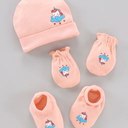Babayhug 100% Cotton Cap Mitten Booties Set Unicorn print - Peach-picture-2