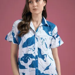 CORSICA Print Puff Sleeve Crepe Shirt Style Top-38
