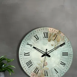OLIVE TREE Green Floral Printed Wooden Round Shaped Contemporary Analogue Wall Clock-32
