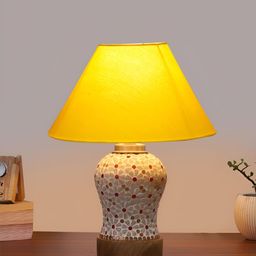 Devansh Yellow & White Printed Frustum Shaped Wooden Table Lamp-9