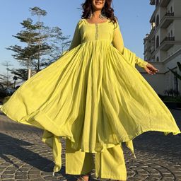 CaniBani Women Yellow Georgette Kurta & Trousers With Dupatta-picture-45