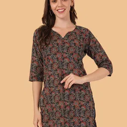 Brownverse Women Ethnic Motifs Printed V-Neck Pure Cotton Kurti-image-17