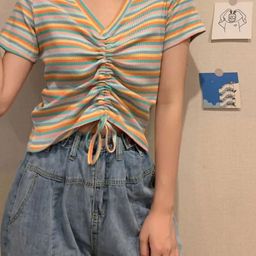 KPOP Women Striped V-Neck Top-image-90