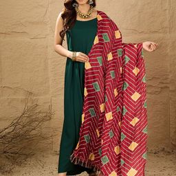 InWeave Round Neck A-Line Kurta With Palazzos & Dupatta-image-4
