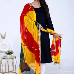 VL SAREES Embroidered Leheriya Dupatta with Mirror Work-14