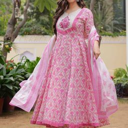 Mizaz Floral Printed Thread Work Anarkali Pure Cotton Kurta With Trousers And Dupatta-20