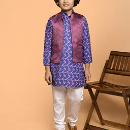 PRINTINDIA Boys Band Collar Chevron Printed Straight Kurta with Trouser & Nehru Jacket-image-59