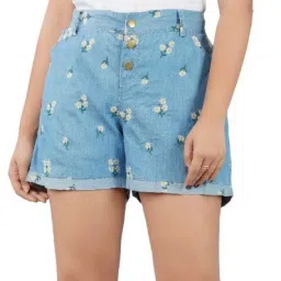 Embroidered Women Denim Blue Denim Shorts-image-6