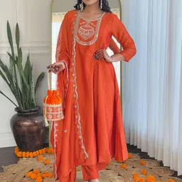 DMUNESH FASHION Floral Embroidered Sequinned Anarkali Kurta With Trousers & Dupatta-picture-16